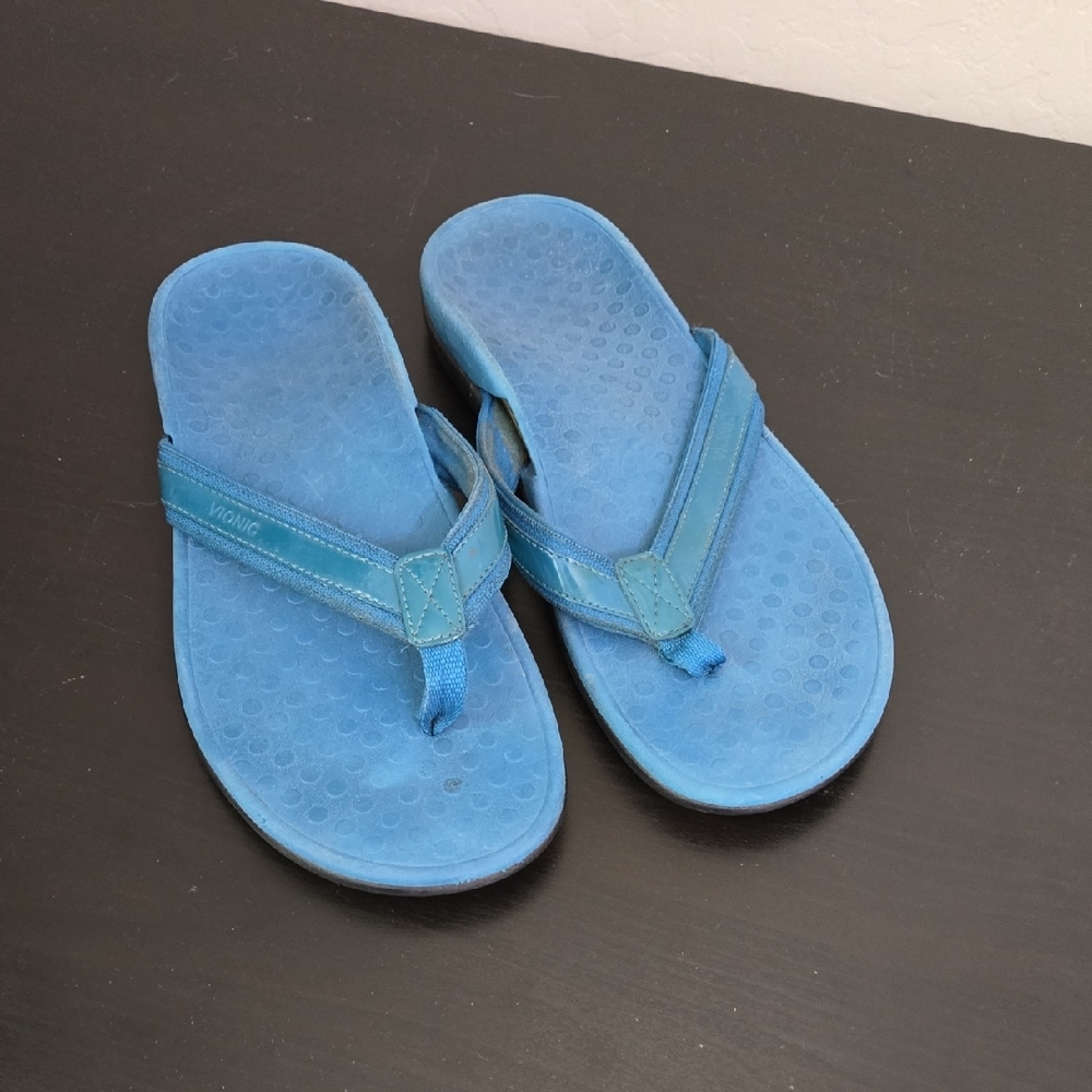 Vionic Teal Flip Flops Tide II Orthaheel Technology Leather Trim Size 9